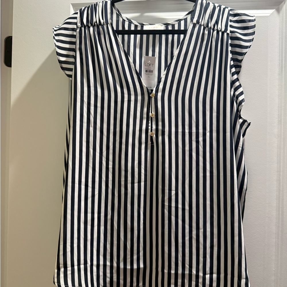 LOFT Navy and White Striped Cap Sleeve V-Neck Top